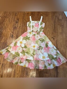 Vintage Pink Floral Garden Party Lace-Trim Sundress, Size S